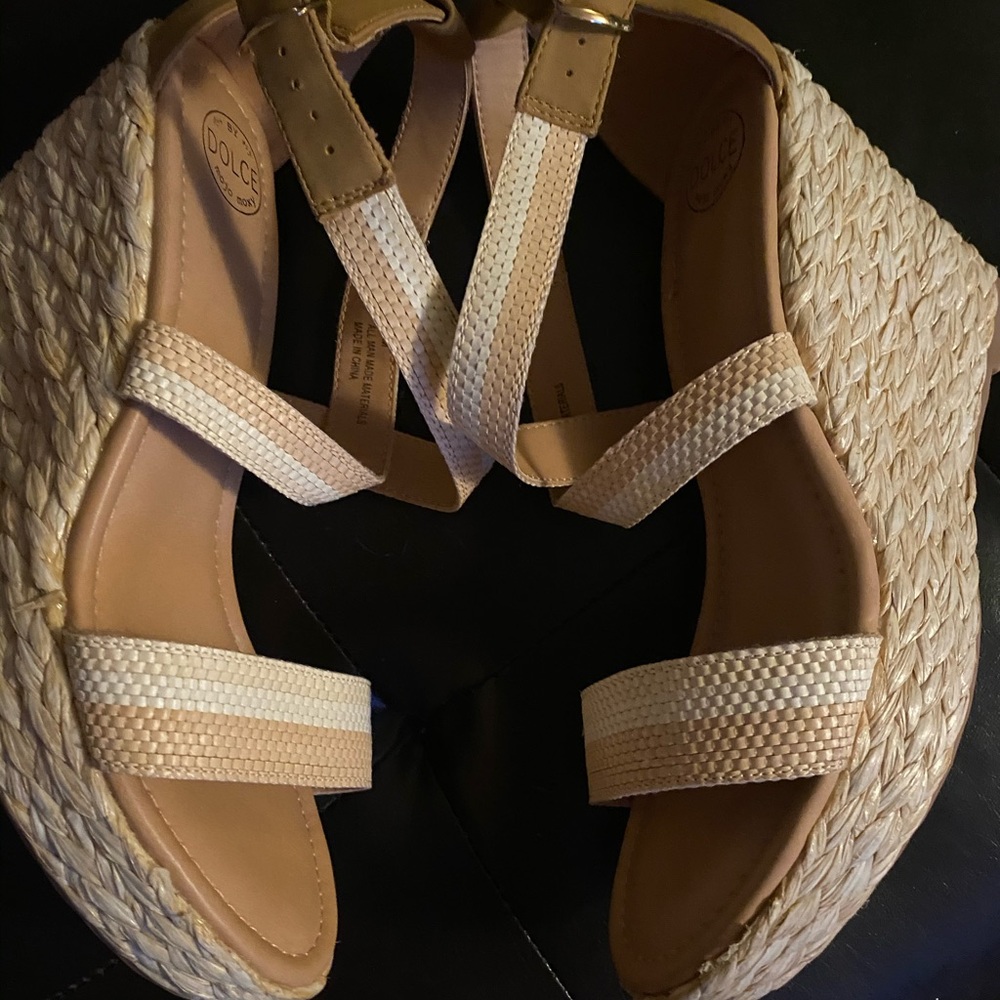 Wedge sandals in neutral tan color with braided tweed straps
